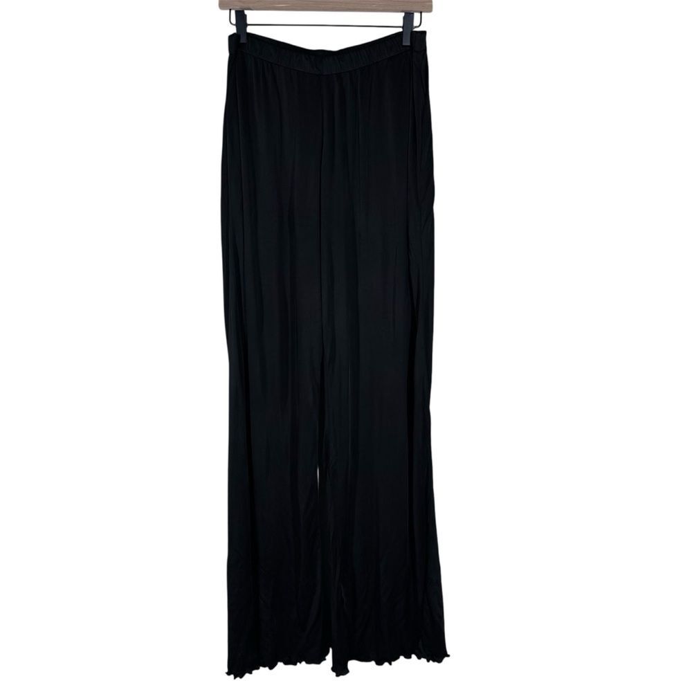 Theory Black Wide Leg Pants Slinky Jersey Lettuce Hem Elastic Pull On Medium